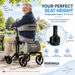 Man seated on MobiWalk SIT-RIGHT rollator, seat height adjustable in 5 levels from 47 to 57 cm.