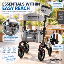 MobiWalk SIT-RIGHT front storage bag, phone pouch and cane holder.