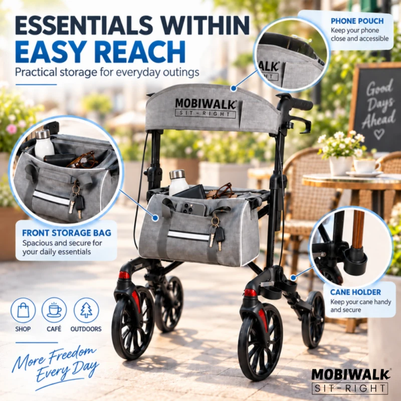 MobiWalk SIT-RIGHT front storage bag, phone pouch and cane holder.