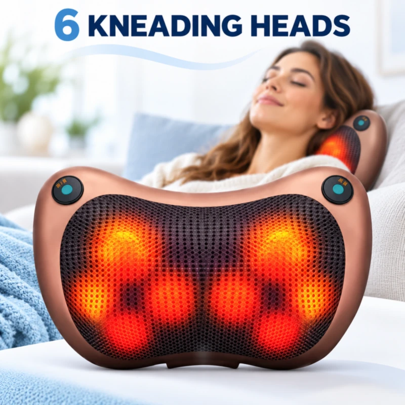 Shiatsu massage pillow with six rotating kneading heads