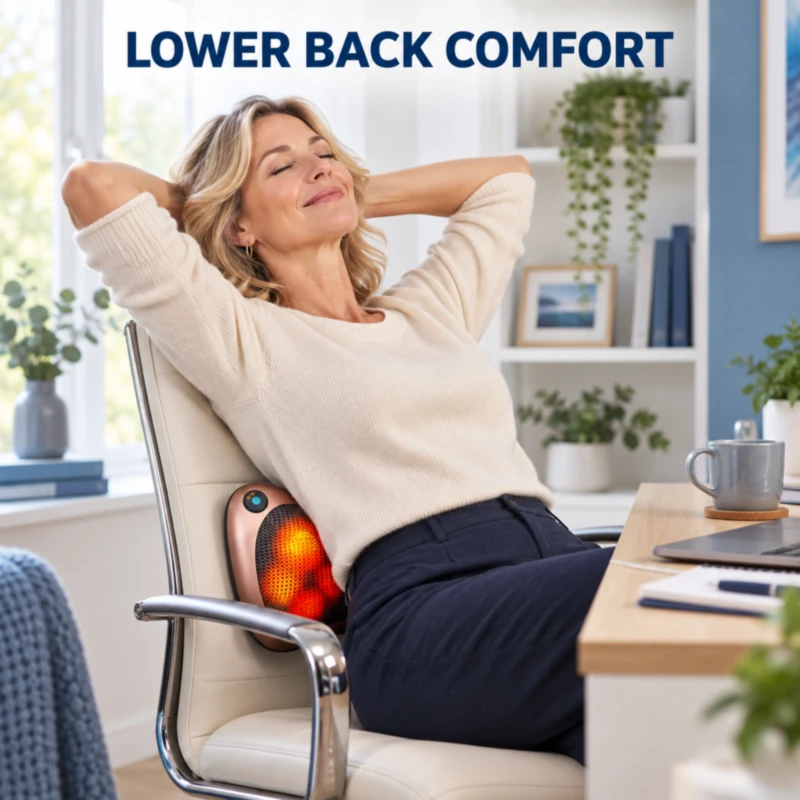 Shiatsu massage pillow strapped to a chair for lower back comfort