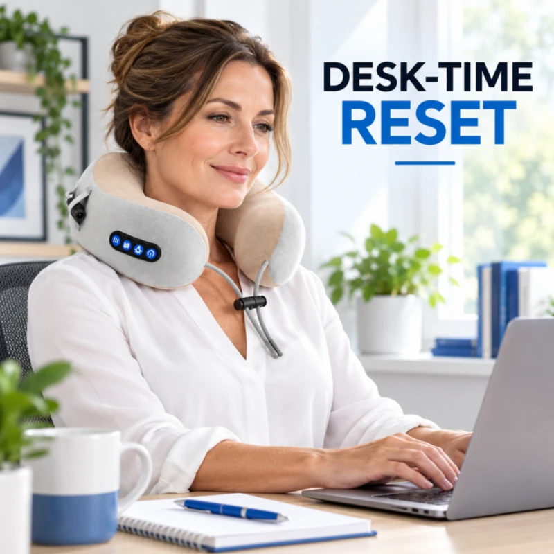 U-shaped neck massage pillow used at a desk for a desk-time reset